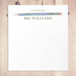 Bloc-note Cadeau de l'enseignant personnalisé Illustré crayo<br><div class="desc">Mon cadeau de l'enseignant personnalisé Illustrated Blue Pencil Notepad fait un grand cadeau pour votre professeur préféré. Personnalisez avec un nom pour un cadeau unique. Les enseignantes et enseignants notent des plaquettes font de grands cadeaux de vacances ou de fin d'année. Le design présente ma propre illustration d'un crayon. Autres...</div>