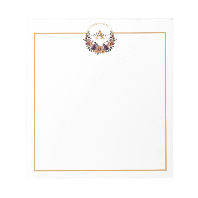 Bloc-note Cadre floral bourguignon et or personnalisé (Devant)