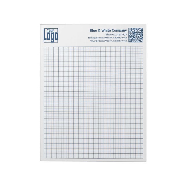 Bloc-note Calcpad de graphique en grille bleue avec logo QR- (Tourné)