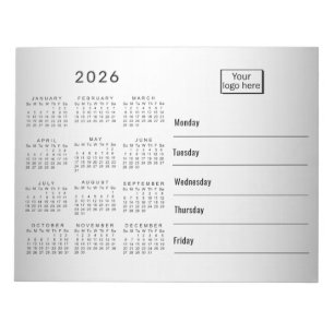 Bloc-note Calendrier 2026 sur fond gris flou avec logo perso