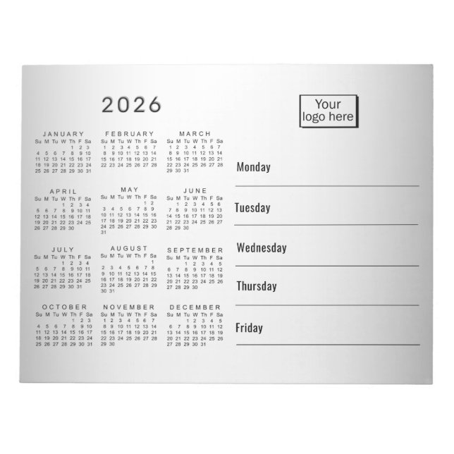 Bloc-note Calendrier 2026 sur fond gris flou avec logo perso (Devant)