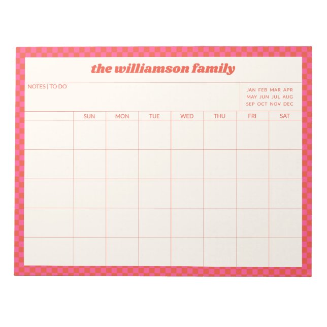 Bloc-note Calendrier familial simple rose à carreaux rouge  (Devant)