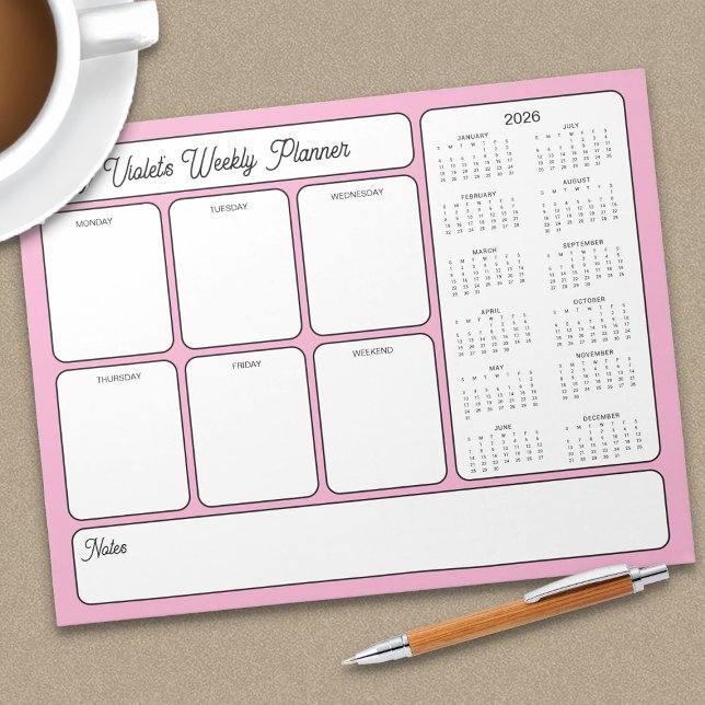 Bloc-note Calendrier Hebdomadaire 2026 Pour Faire Pink (Weekly Planner Pad with 2026 Calendar)