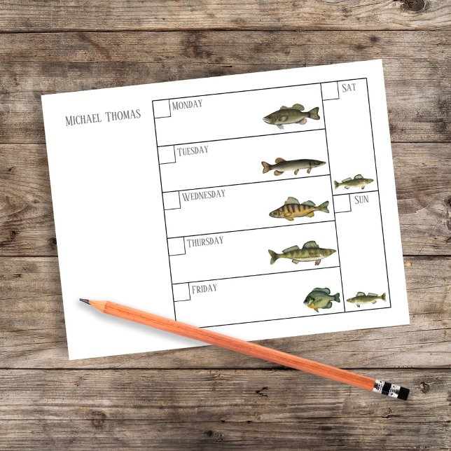 Bloc-note Calendrier hebdomadaire simple moderne pour pêcheu (Fishing weekly calendar. with the days of the week and freshwater fish.)