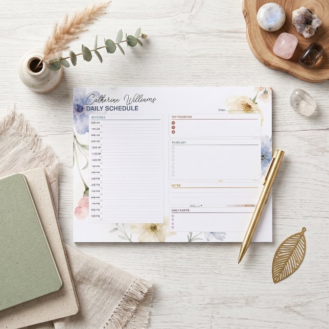 Bloc-note Calendrier quotidien floral aquarelle Bleu Poussié (Créateur téléchargé)