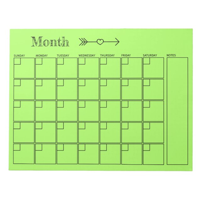 Bloc-note Calendrier vierge Planificateur mensuel vert (Devant)