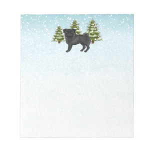 Bloc-note Carlin noir mignon caricature Chien Snowy Winter F