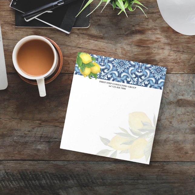 Bloc-note Carreaux bleus citrons Amalfi Positano personnalis (Blue tiles and lemons personalized notepad Amalfi Positano Italian themed Majolica Mediterranean)