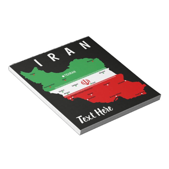 Bloc-note Carte de l'Iran avec drapeau et emblème (Incliné)