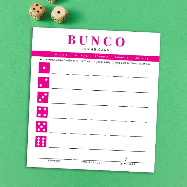 Bloc-note Carte de score simple Hot Rose et White Bunco (modern tear-off notepad Bunco score card with hot fuchsia pink dice graphics and accents)
