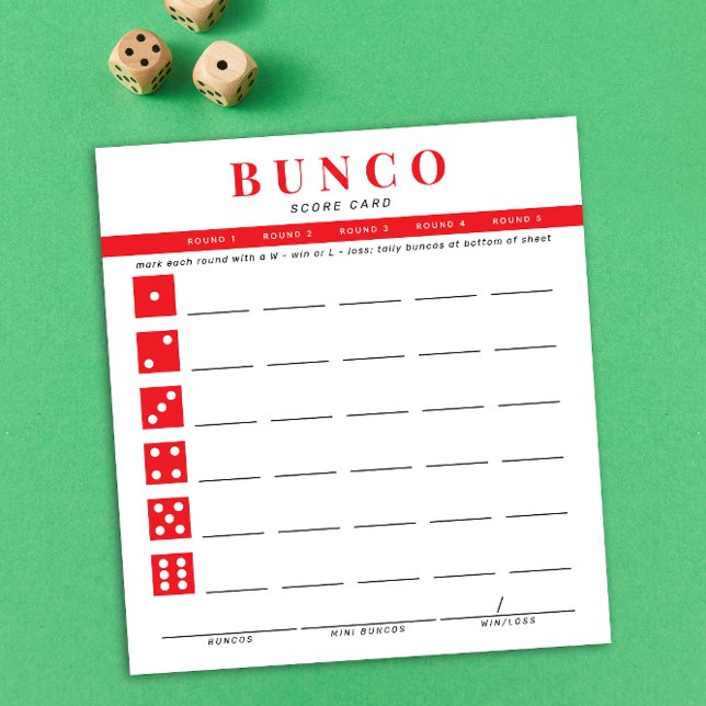 Bloc-note Carte de score simple Red and White Bunco (modern tear-off notepad Bunco score card with red and white dice graphic accents)