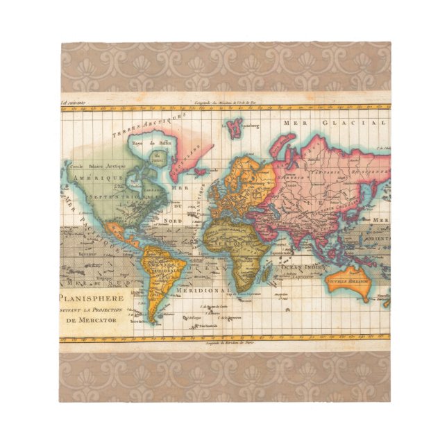 Bloc-note Carte du Monde 1780 Bonne Antique Planisphère  (Devant)
