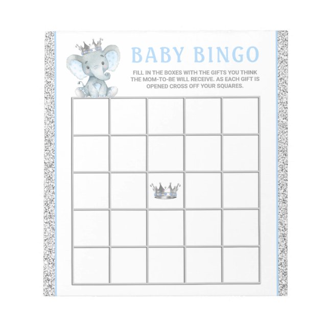 Bloc-note Cartes de jeu de bingo pour Baby Shower Éléphant G (Devant)