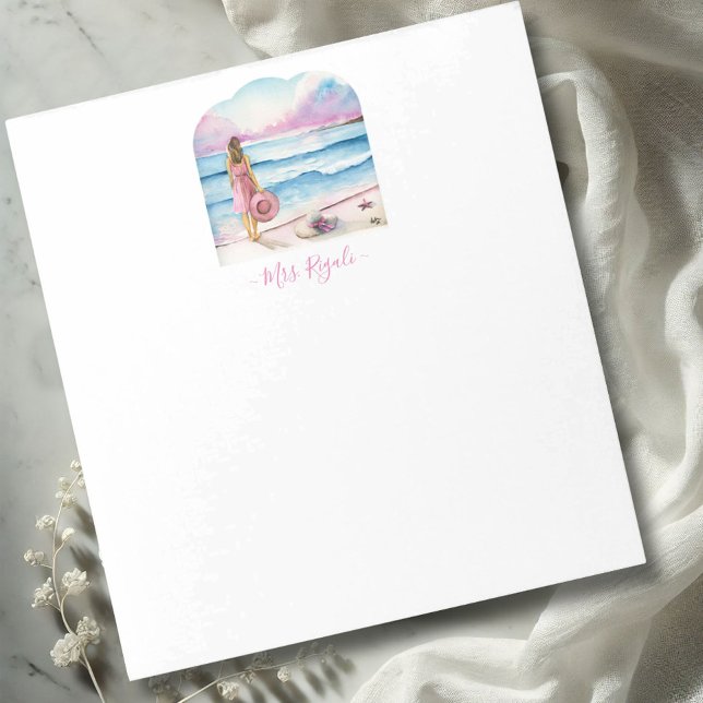 Bloc-note Cartes-notes personnalisées Cute Cadeaux de papete (custom notepad features watercolor woman on the beach in shades of pink & blue Victoria Grigaliunas)