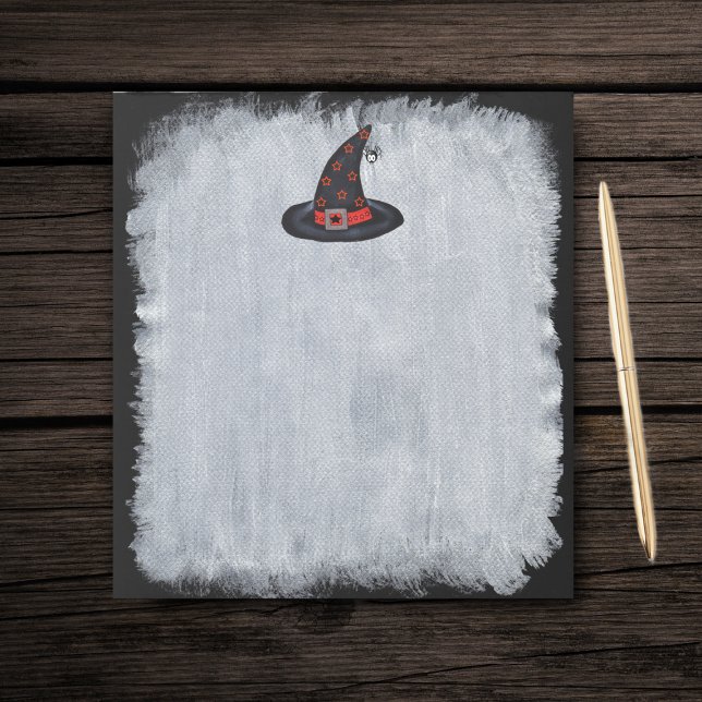 Bloc-note Casquette de sorcière noire étoiles mignonne araig (Black witch hat orange stars cute spider on black and white paper note pad.)