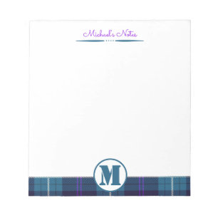 Bloc-note Céladon Bleu-Bleu Foncé Carreaux Tartan Monogrammé