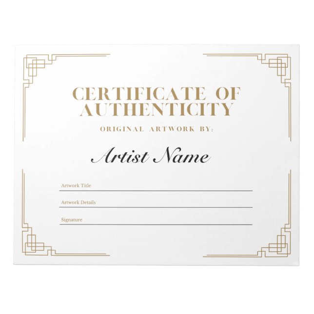 Bloc-note Certificat d'authenticité Art déco personnalisé  (Devant)