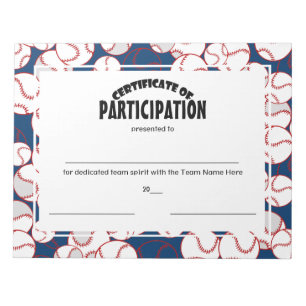 Bloc-note Certificats de participation au baseball