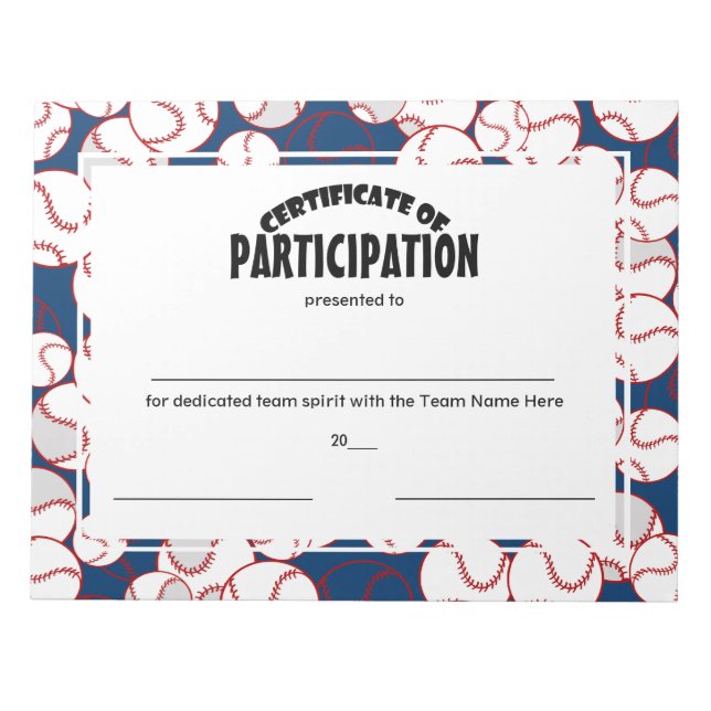 Bloc-note Certificats de participation au baseball (Devant)