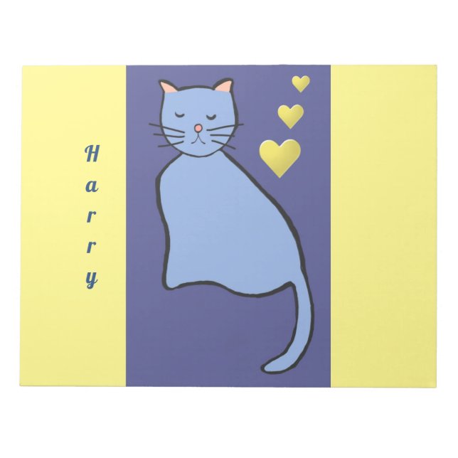 Bloc-note Chat Bleu Amusant aux oreilles roses et aux Coeurs (Devant)