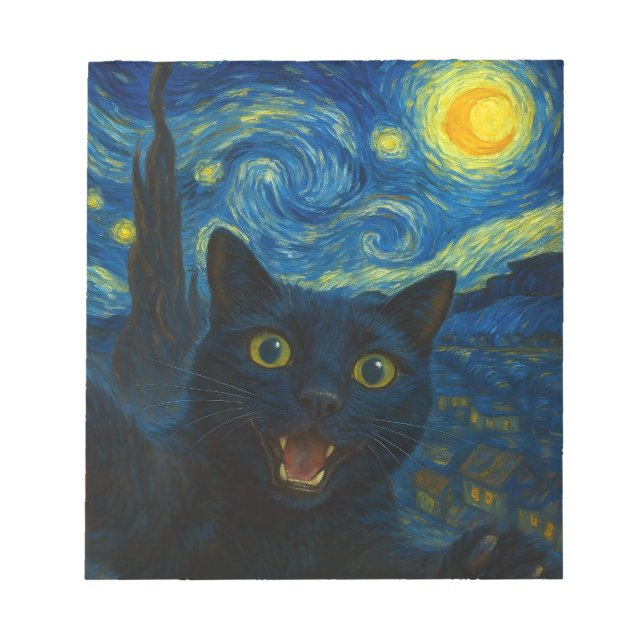 Bloc-note Chat noir Starry Nuit Van Gogh Chat Selfie (Devant)