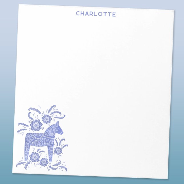 Bloc-note Cheval de Dala Scandinave bleu Personnalisé (Blue and white Swedish Dala Horse personalized custom name or text notepad)