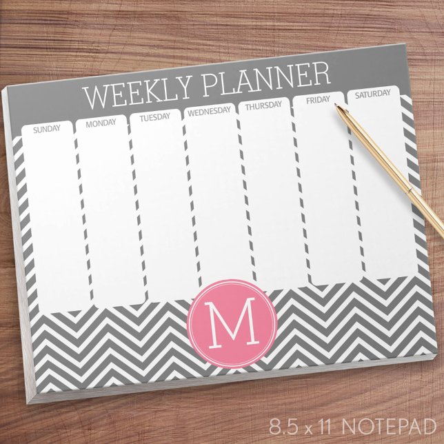 Bloc-note Chevrons gris et rose du planificateur hebdomadair (Weekly Planner Notepad - Personalized)