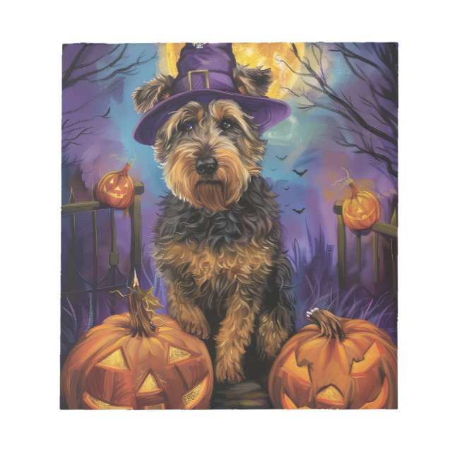 Bloc-note Chien terrier de l'Airedale Halloween sorcière et  (Devant)