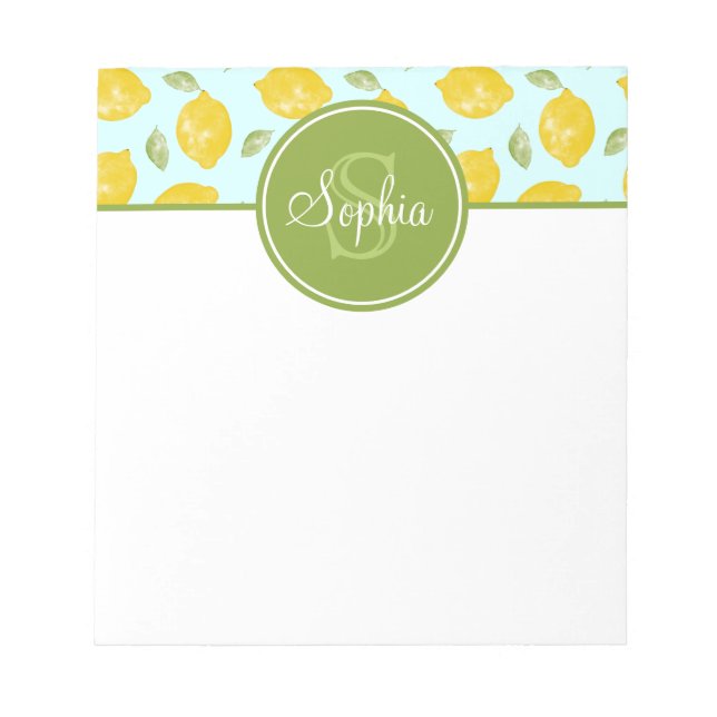 Bloc-note Citron Motif jaune vert et bleu Monogramme (Devant)