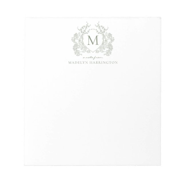 Bloc-note Classic Botanique Sage Vert Floral Crest Monogramm (Devant)