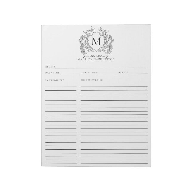 Bloc-note Classique Vintage noir Crest Monogramme Recette (Tourné)