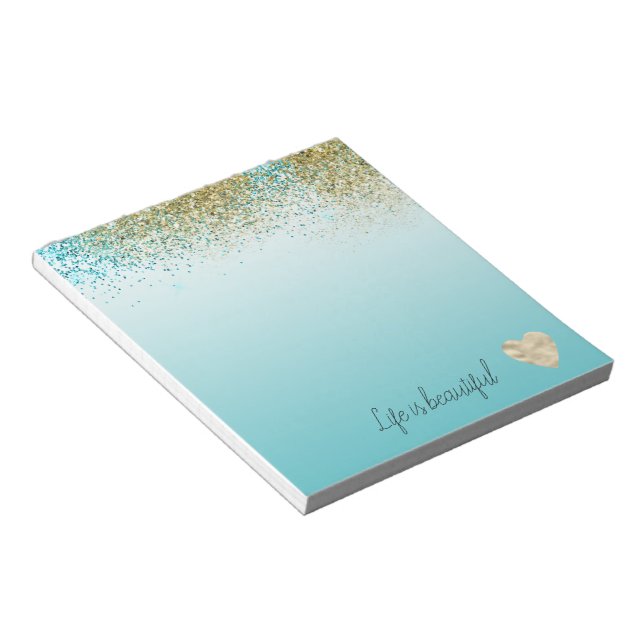 Bloc-note Cœur Aqua Ombre Faux Paillettes Dorées   (Incliné)