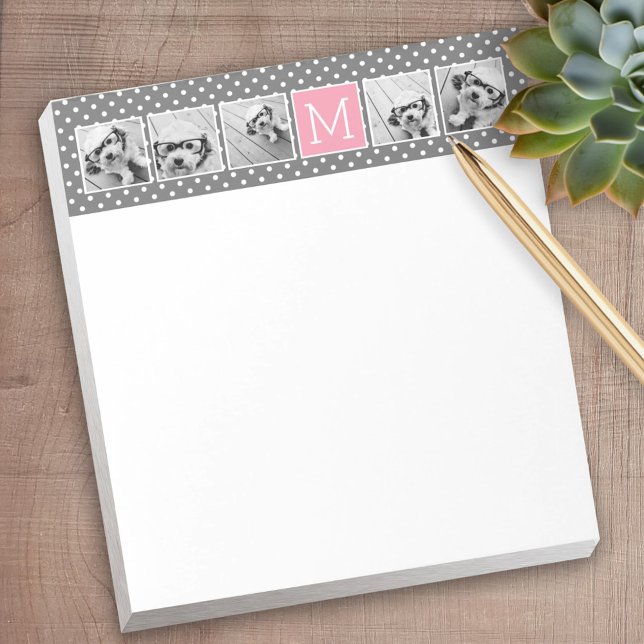 Bloc-note Collage de 5 photos gris et rose avec monogramme (Personalized notepad - great for a gift or your home office)