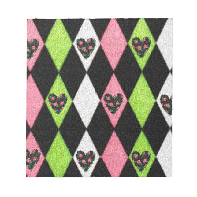 Bloc-note Colorful harlequin Print with Rose Hearts (Devant)