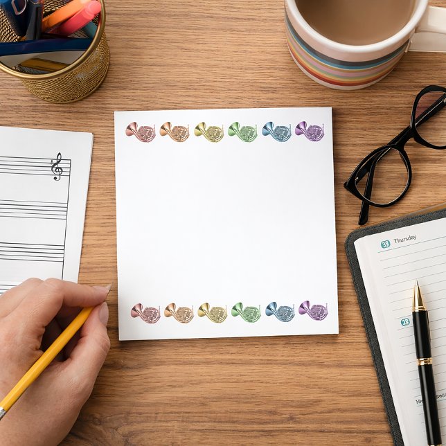 Bloc-note Cor d'harmonie Français Instrument de Musique Arc- (A notepad featuring two rows of french horns in a rainbow of colors.)