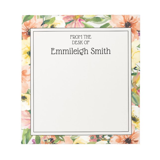 Bloc-note Corail élégant Rose Jaune Aquarelle Jardin Floral (Devant)