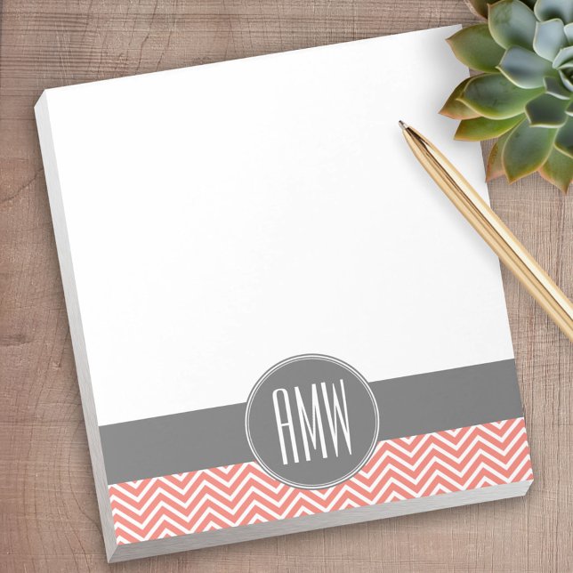 Bloc-note Corail Pêche Gris Chevrons Personnalisé Triple Mon (Personalized Notepad - a fun gift or useful promotional product)
