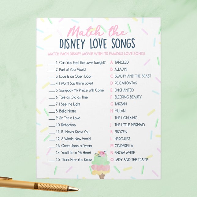Bloc-note Correspondre aux chansons d'amour Ice Cream Shower (Match the Love Songs Ice Cream Scooped Up Bridal Shower Game Pack of 40 Answer Sheets)