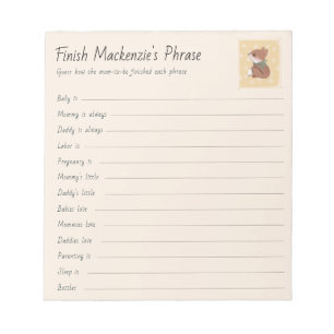 Bloc-note Cottage coeur Woodland Baby shower Phrase Jeu