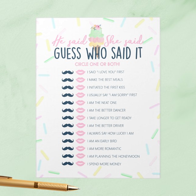 Bloc-note Crème De Glace Il A Dit Qu'Elle A Dit Douche Game  (He Said She Said Ice Cream Scooped Up Bridal Shower Game Pack of 40 Answer Sheets)
