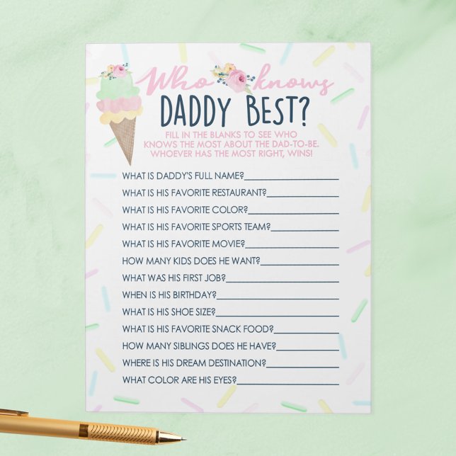 Bloc-note Crème De Glace Qui Connaît Papa Meilleur Pack De J (Who Knows Daddy Best Baby Shower Game Pack of 40 Game Sheets for Ice Cream Sprinkle Baby Shower)