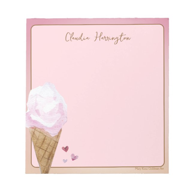 Bloc-note Crème glacée rose aquarelle dessert personnalisé (Devant)