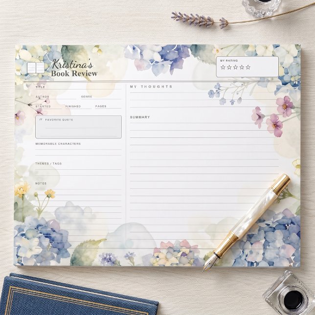 Bloc-note Critique de livre floral aquarelle Hydrangea bleue (Créateur téléchargé)