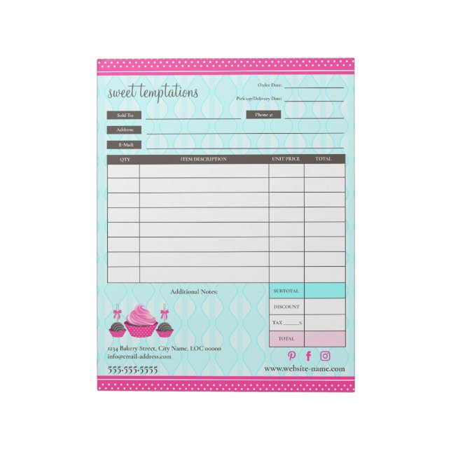 Bloc-note Cupcake and Cake Pops Receipt Order Form (Tourné)
