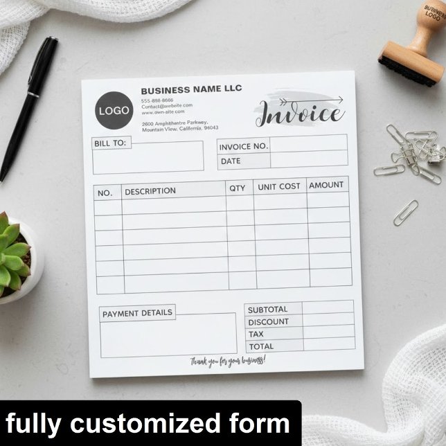 Bloc-note Custom invoice Form with Logo, Gray Small Business (add your logo receipt book, professional invoice template)