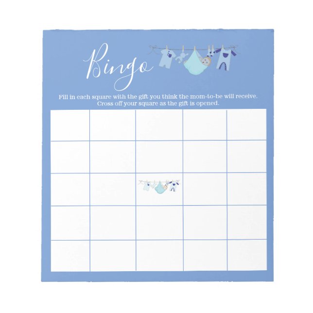 Bloc-note Cute Blue Clothesline garçon Baby shower Bingo Jeu (Devant)