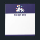 Bloc-note Cute Dancing Unicornes Magique Arc-en-ciel & Étoil<br><div class="desc">Un bloc-notes avec 2 mignonnes licornes dansantes avec queues vives et colorées, et crinière. Un arc-en-ciel coloré avec des nuages de chaque côté au-dessus de la tête. D'autres éléments comprennent une petite fleur au coeur et quelques étoiles. Arrière - plan violet foncé le long de la bordure supérieure et inférieure....</div>