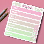 Bloc-note Cute Girly Pastel Pink Et Green Planificateur Hebd<br><div class="desc">Voici un bloc-notes personnalisé qui vous aidera à vous souvenir de vos tâches hebdomadaires les plus importantes. Chaque jour de la semaine est représenté par des espaces vierges rose pastel et vert, décorés de branches feuillues minimalistes aux mêmes couleurs, et votre nom apparaît en haut. Le texte est entièrement personnalisable....</div>