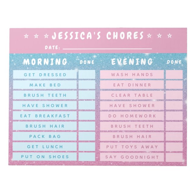 Bloc-note Cute Girly Pink Blue Glitter Kids Daily Chores (Devant)