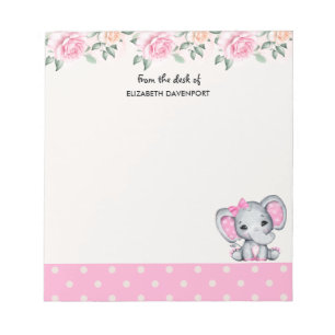 Bloc-note Cute Pink Baby Elephant and Roses Border